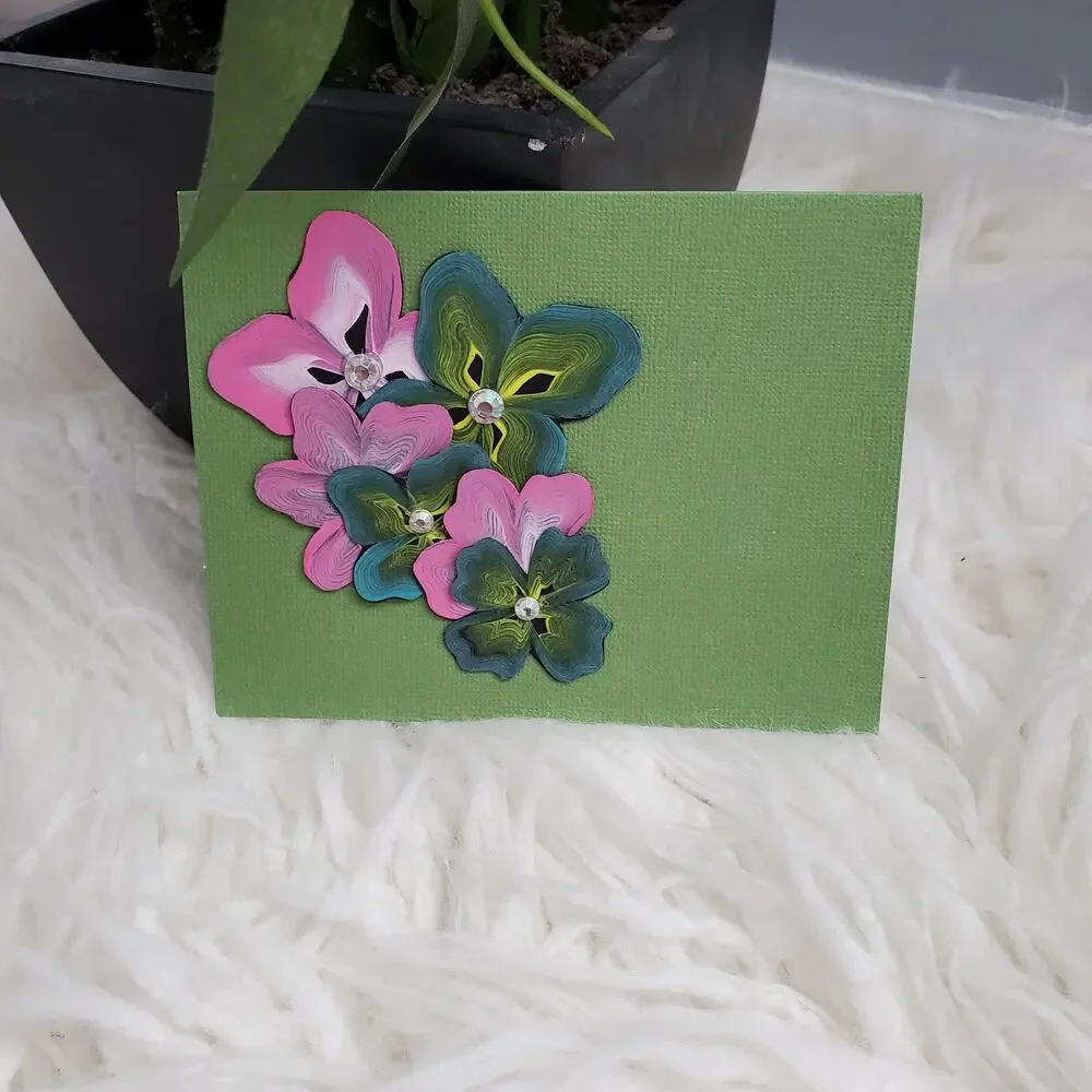 Hand Painted Floral Greeting Card - Green